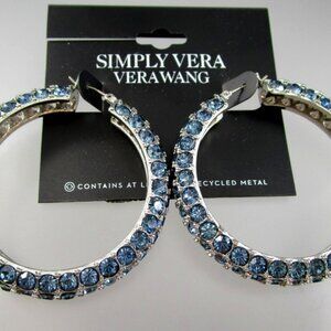 VERA WANG Glamorous Silver Blue Rhinestone Crystal 1.9" Hoop Earrings**NEW!